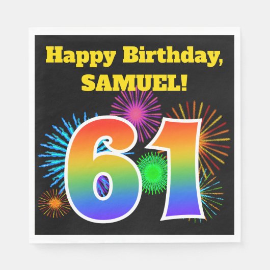 Serviette En Papier Fun Fireworks + Rainbow Motif "61" Anniversaire # (Devant)