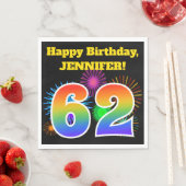 Serviette En Papier Fun Fireworks + Rainbow Motif "62" Anniversaire # (En situation)