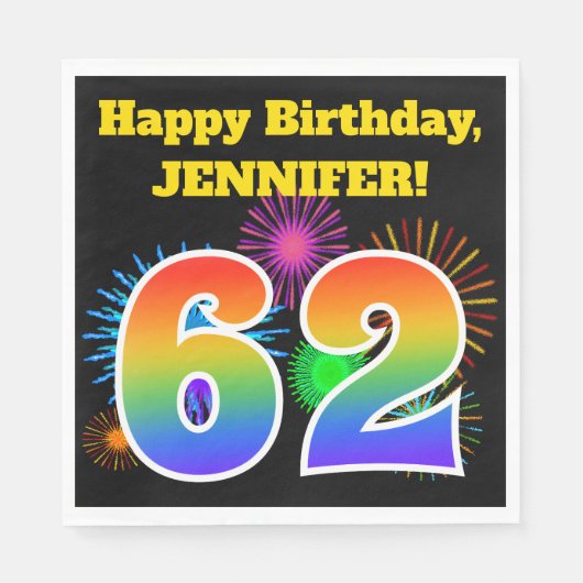 Serviette En Papier Fun Fireworks + Rainbow Motif "62" Anniversaire # (Devant)