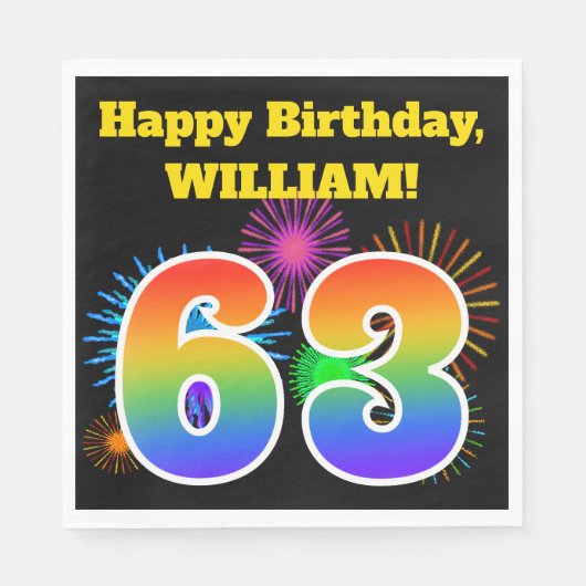 Serviette En Papier Fun Fireworks + Rainbow Motif "63" Anniversaire # (Devant)