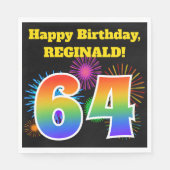 Serviette En Papier Fun Fireworks + Rainbow Motif "64" Anniversaire # (Devant)
