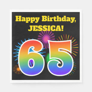 Serviette En Papier Fun Fireworks + Rainbow Motif "65" Anniversaire #