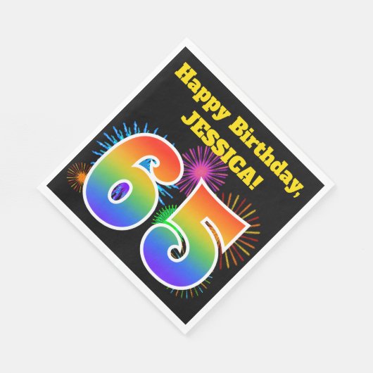 Serviette En Papier Fun Fireworks + Rainbow Motif "65" Anniversaire # (Coin)