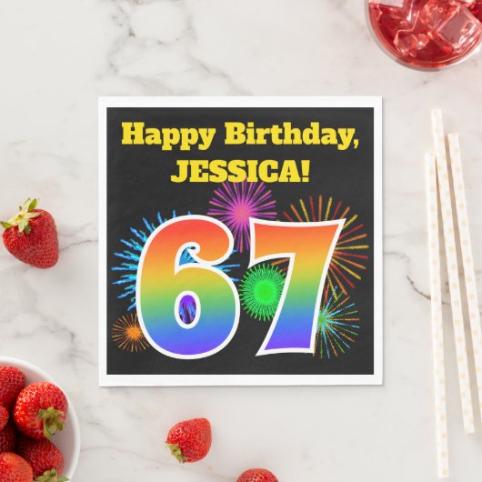 Serviette En Papier Fun Fireworks + Rainbow Motif "67" Anniversaire # (En situation)