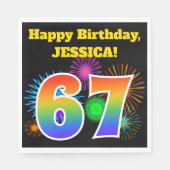 Serviette En Papier Fun Fireworks + Rainbow Motif "67" Anniversaire # (Devant)