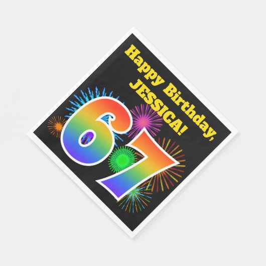 Serviette En Papier Fun Fireworks + Rainbow Motif "67" Anniversaire # (Coin)