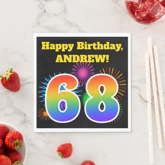 Serviette En Papier Fun Fireworks + Rainbow Motif "68" Anniversaire # (En situation)