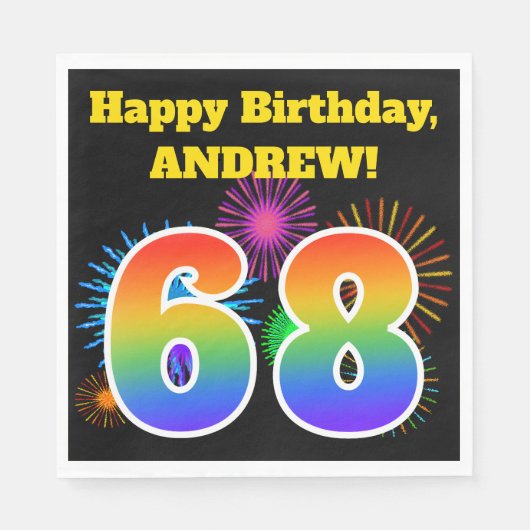 Serviette En Papier Fun Fireworks + Rainbow Motif "68" Anniversaire # (Devant)