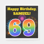 Serviette En Papier Fun Fireworks + Rainbow Motif "69" Anniversaire # (Devant)