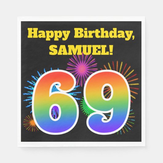Serviette En Papier Fun Fireworks + Rainbow Motif "69" Anniversaire # (Devant)