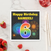Serviette En Papier Fun Fireworks + Rainbow Motif "6" Anniversaire # (En situation)