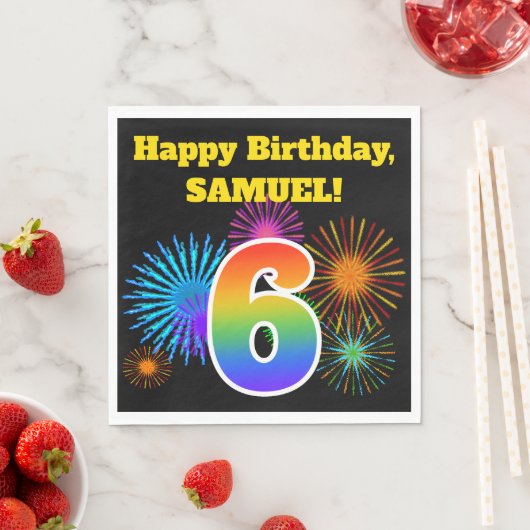 Serviette En Papier Fun Fireworks + Rainbow Motif "6" Anniversaire # (En situation)