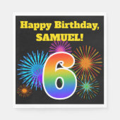 Serviette En Papier Fun Fireworks + Rainbow Motif "6" Anniversaire # (Devant)