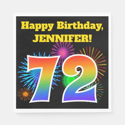 Serviette En Papier Fun Fireworks + Rainbow Motif "72" Anniversaire # (Devant)