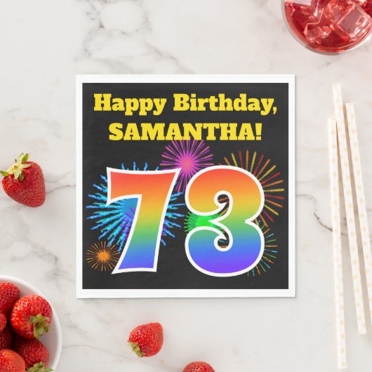 Serviette En Papier Fun Fireworks + Rainbow Motif "73" Anniversaire # (En situation)