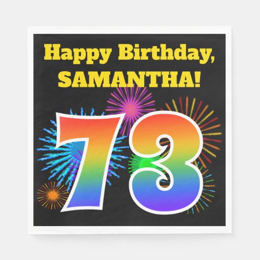 Serviette En Papier Fun Fireworks + Rainbow Motif "73" Anniversaire # (Devant)