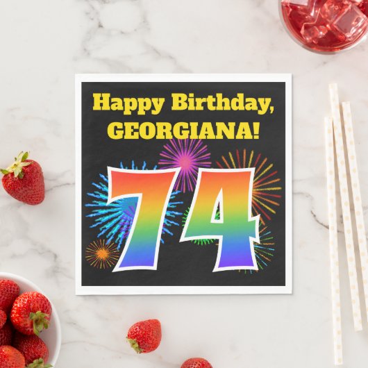 Serviette En Papier Fun Fireworks + Rainbow Motif "74" Anniversaire # (En situation)