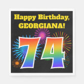 Serviette En Papier Fun Fireworks + Rainbow Motif "74" Anniversaire # (Devant)