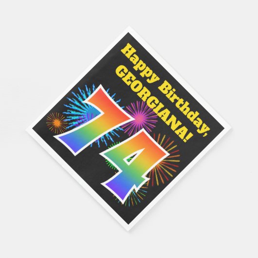 Serviette En Papier Fun Fireworks + Rainbow Motif "74" Anniversaire # (Coin)