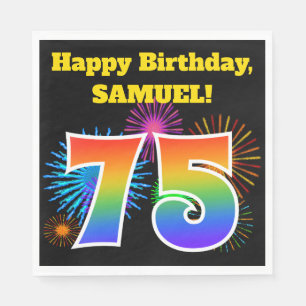 Serviette En Papier Fun Fireworks + Rainbow Motif "75" Anniversaire #
