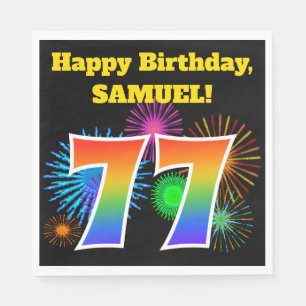 Serviette En Papier Fun Fireworks + Rainbow Motif "77" Anniversaire #