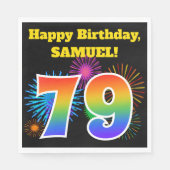 Serviette En Papier Fun Fireworks + Rainbow Motif "79" Anniversaire # (Devant)