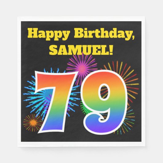 Serviette En Papier Fun Fireworks + Rainbow Motif "79" Anniversaire # (Devant)