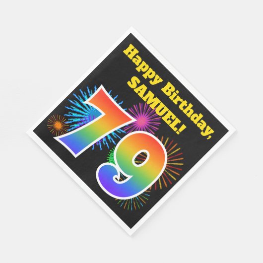 Serviette En Papier Fun Fireworks + Rainbow Motif "79" Anniversaire # (Coin)