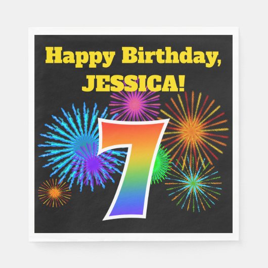 Serviette En Papier Fun Fireworks + Rainbow Motif "7" Anniversaire # (Devant)