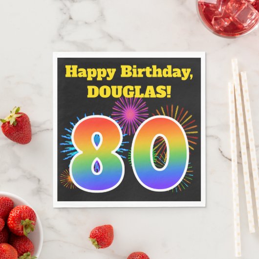 Serviette En Papier Fun Fireworks + Rainbow Motif "80" Anniversaire # (En situation)
