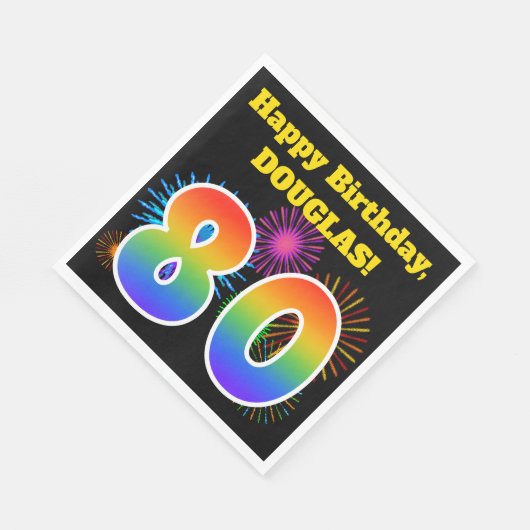Serviette En Papier Fun Fireworks + Rainbow Motif "80" Anniversaire # (Coin)