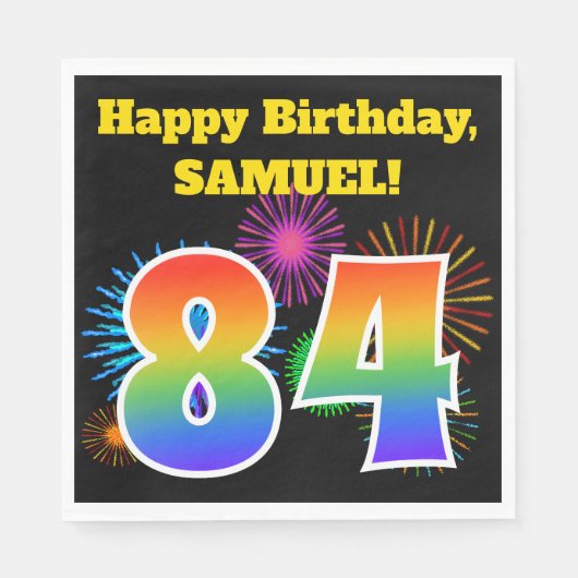 Serviette En Papier Fun Fireworks + Rainbow Motif "84" Anniversaire # (Devant)