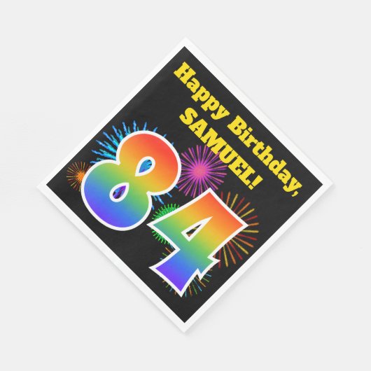 Serviette En Papier Fun Fireworks + Rainbow Motif "84" Anniversaire # (Coin)