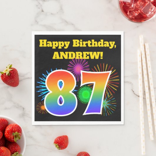 Serviette En Papier Fun Fireworks + Rainbow Motif "87" Anniversaire # (En situation)