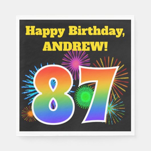 Serviette En Papier Fun Fireworks + Rainbow Motif "87" Anniversaire # (Devant)