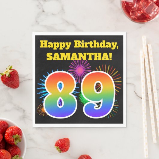 Serviette En Papier Fun Fireworks + Rainbow Motif "89" Anniversaire # (En situation)
