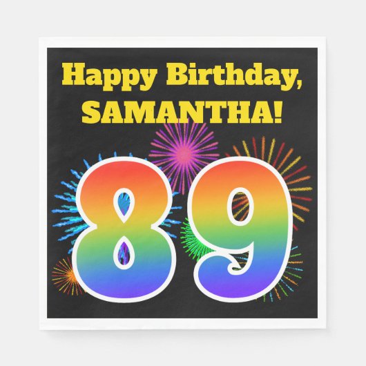 Serviette En Papier Fun Fireworks + Rainbow Motif "89" Anniversaire # (Devant)