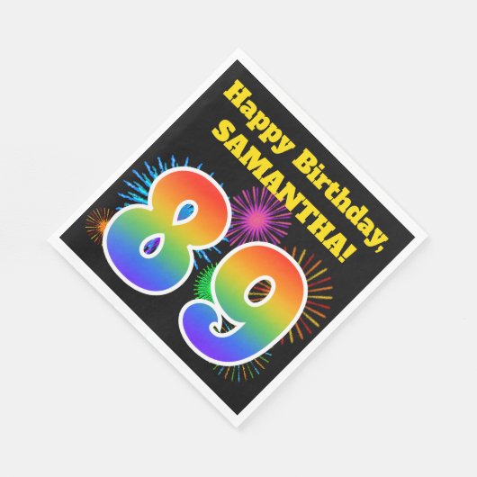 Serviette En Papier Fun Fireworks + Rainbow Motif "89" Anniversaire # (Coin)