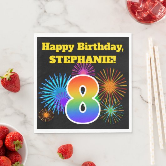Serviette En Papier Fun Fireworks + Rainbow Motif "8" Anniversaire # (En situation)