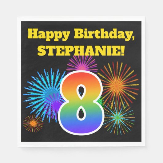 Serviette En Papier Fun Fireworks + Rainbow Motif "8" Anniversaire # (Devant)