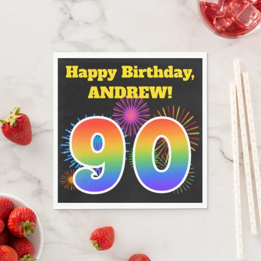 Serviette En Papier Fun Fireworks + Rainbow Motif "90" Anniversaire # (En situation)