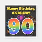 Serviette En Papier Fun Fireworks + Rainbow Motif "90" Anniversaire # (Devant)