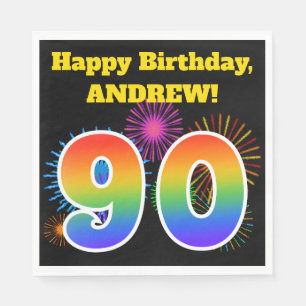 Serviette En Papier Fun Fireworks + Rainbow Motif "90" Anniversaire #