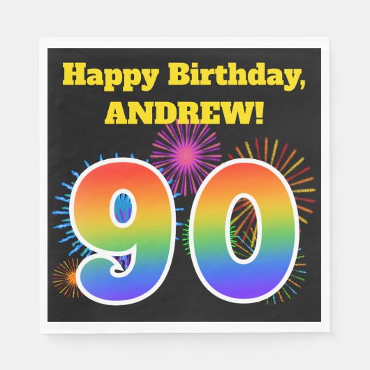 Serviette En Papier Fun Fireworks + Rainbow Motif "90" Anniversaire # (Devant)