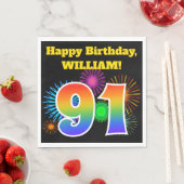 Serviette En Papier Fun Fireworks + Rainbow Motif "91" Anniversaire # (En situation)