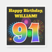 Serviette En Papier Fun Fireworks + Rainbow Motif "91" Anniversaire # (Devant)