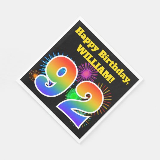Serviette En Papier Fun Fireworks + Rainbow Motif "92" Anniversaire # (Coin)