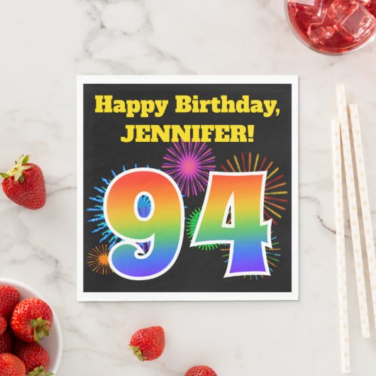 Serviette En Papier Fun Fireworks + Rainbow Motif "94" Anniversaire # (En situation)