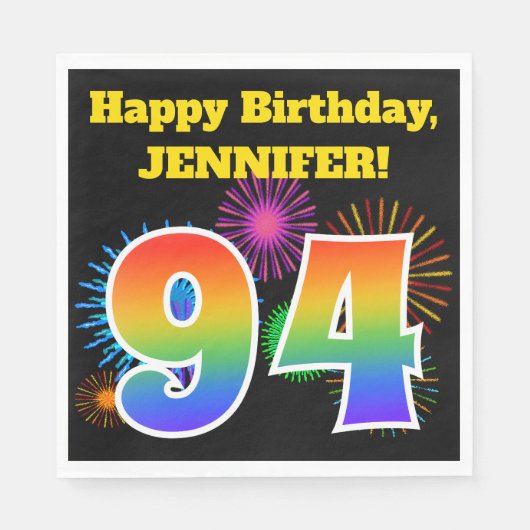 Serviette En Papier Fun Fireworks + Rainbow Motif "94" Anniversaire # (Devant)