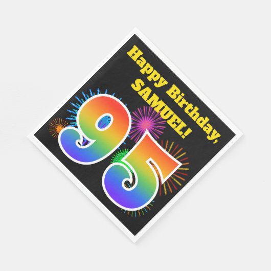 Serviette En Papier Fun Fireworks + Rainbow Motif "95" Anniversaire # (Coin)
